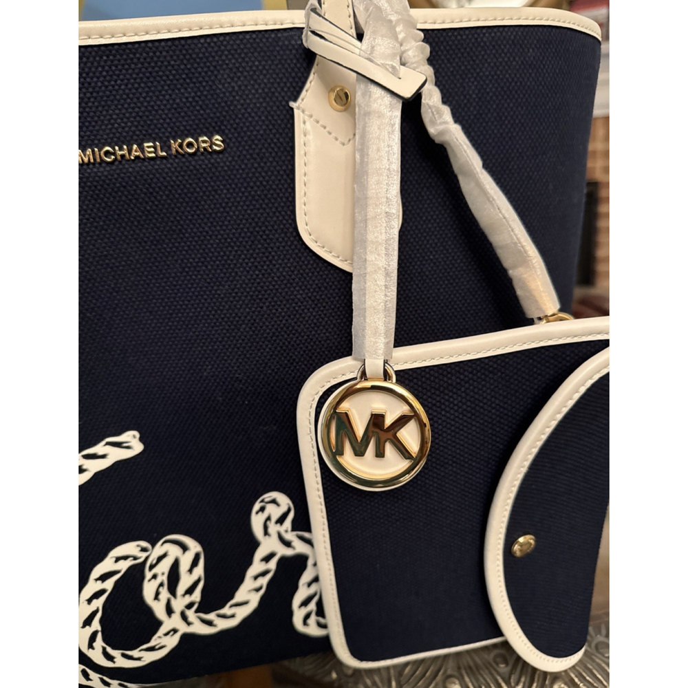 Michael Kors Eva Large Navy Tote w/ Matching Pouchette & Bag Charm - Picture 3 of 17